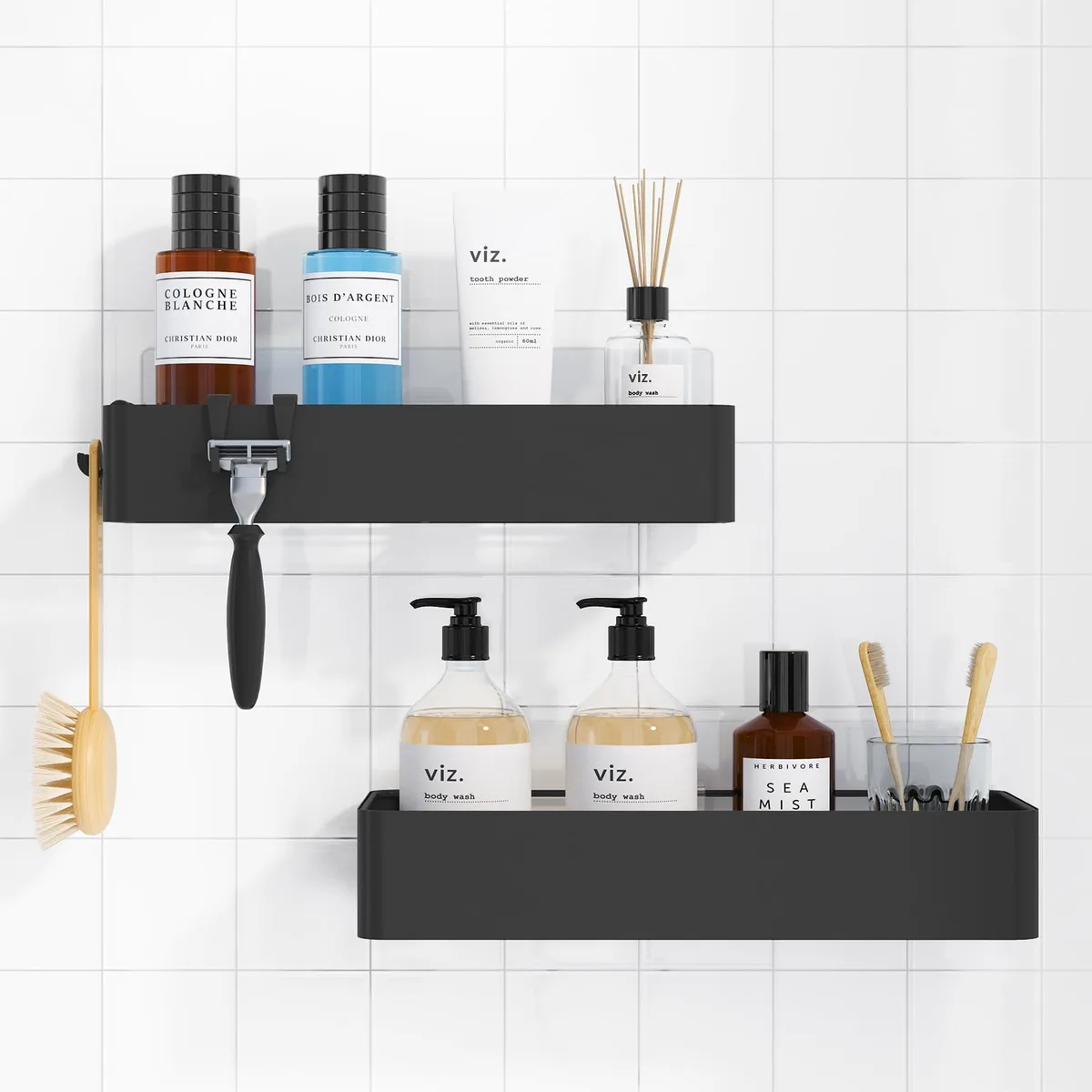 Two black rectangular metal shower caddies, adhesive wall mount, rust resistant finish