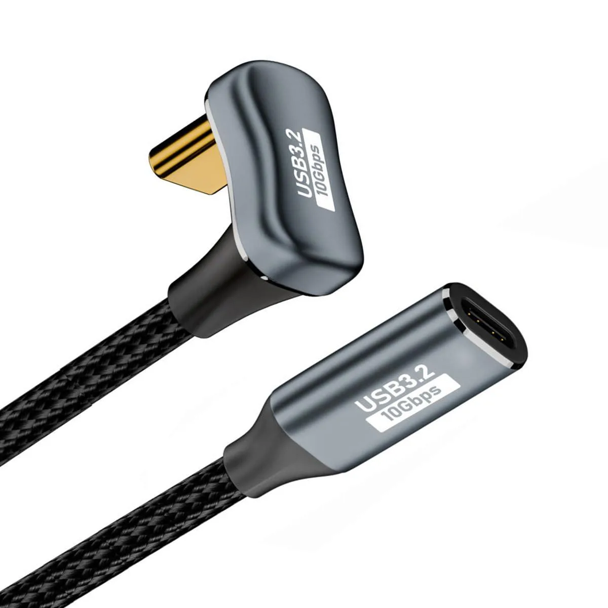 USB-C male-to-female extension cable with opposite U-shaped angled connector, braided sleeve, three metres long