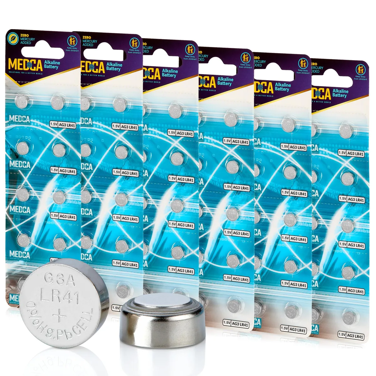 Sixty small silver button cell batteries in a pack