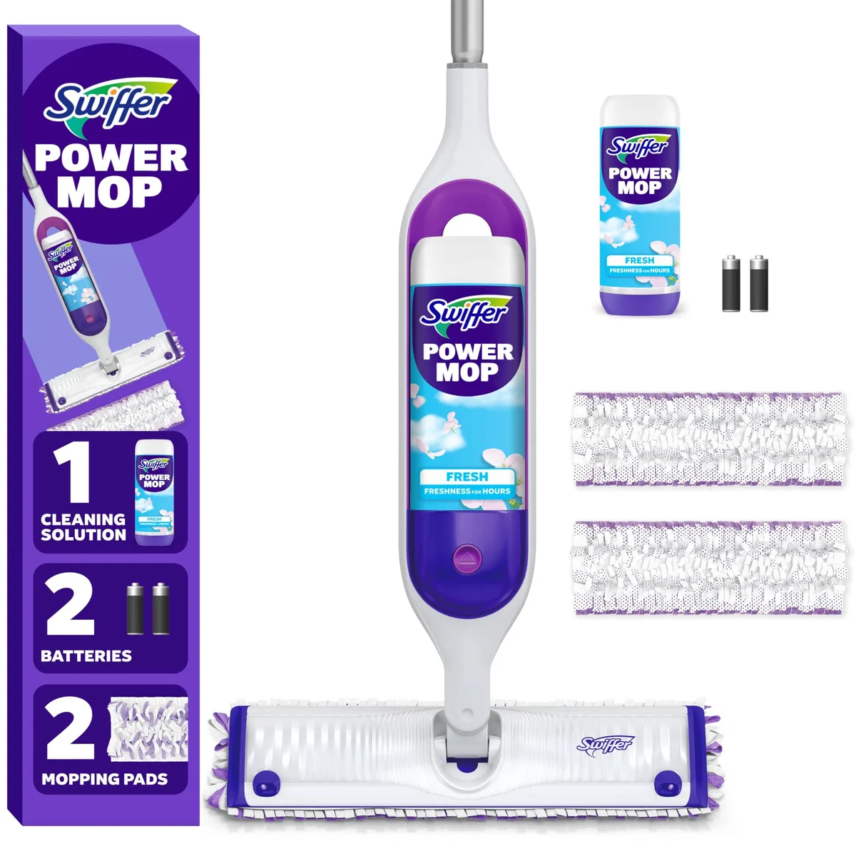 White electric spray mop with swivel head, two pads, solution bottle and batteries