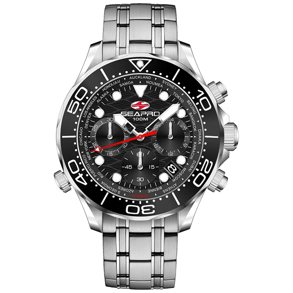 Stainless steel watch with black dial and bracelet, quartz chronograph, 10 ATM water resistance