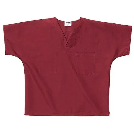 Wine unisex scrub shirt, short dolman sleeves, V-neck, two chest pockets, relaxed fit
