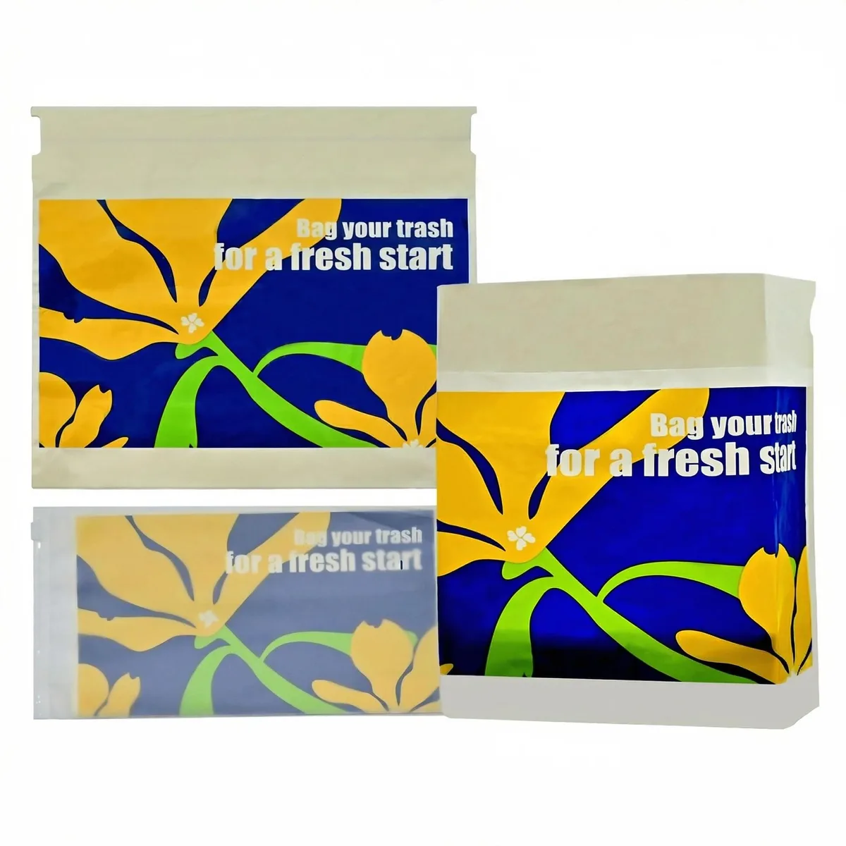 Pack of 20 white polyethylene bags, 9.84 x 11.81 inches, flat with adhesive strip