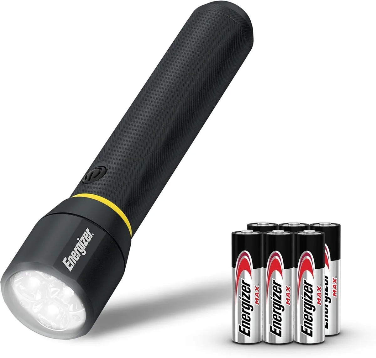 Black cylindrical metal flashlight with textured grip and lens bezel