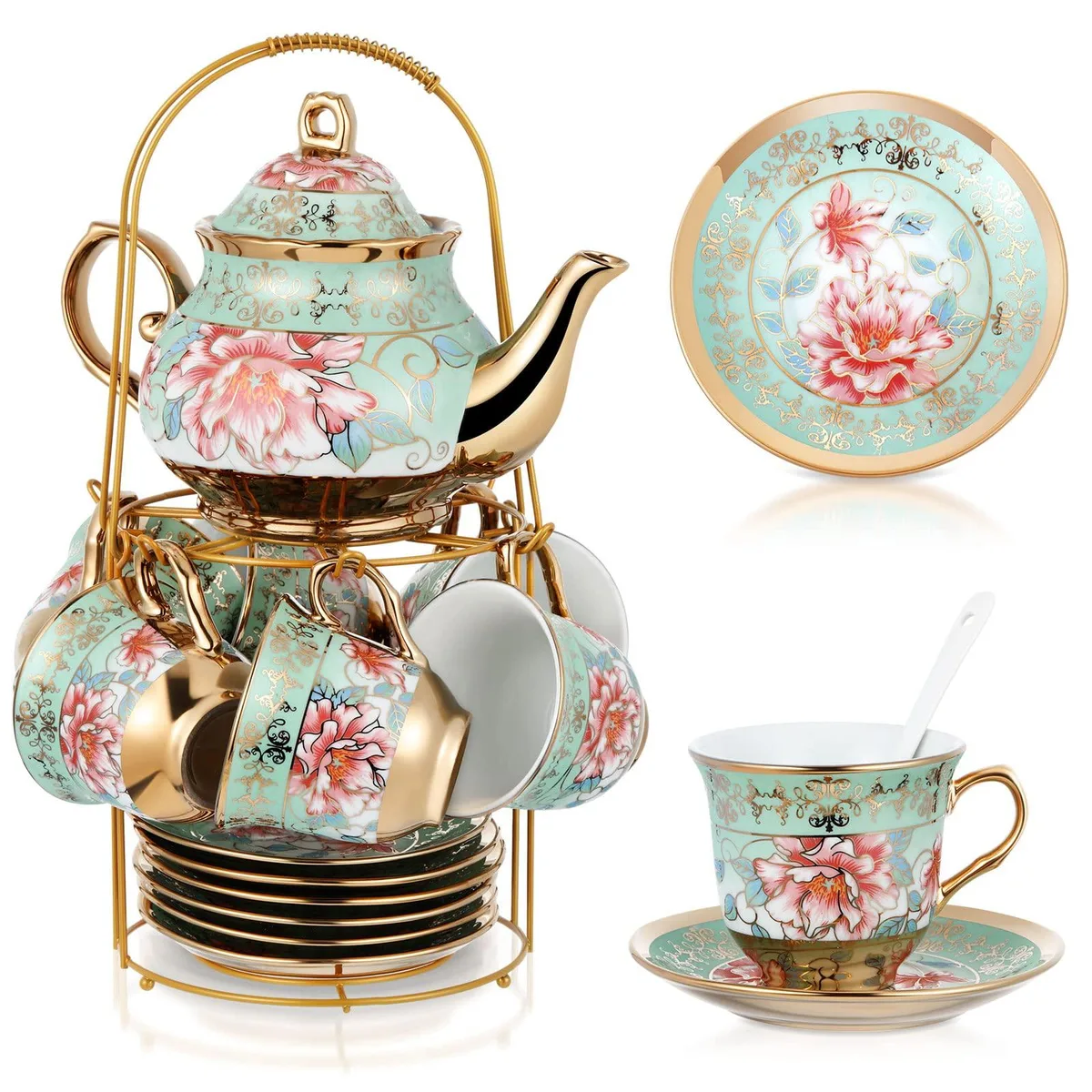 Multicolour porcelain tea set with gold trim, metal holder, 20 pieces