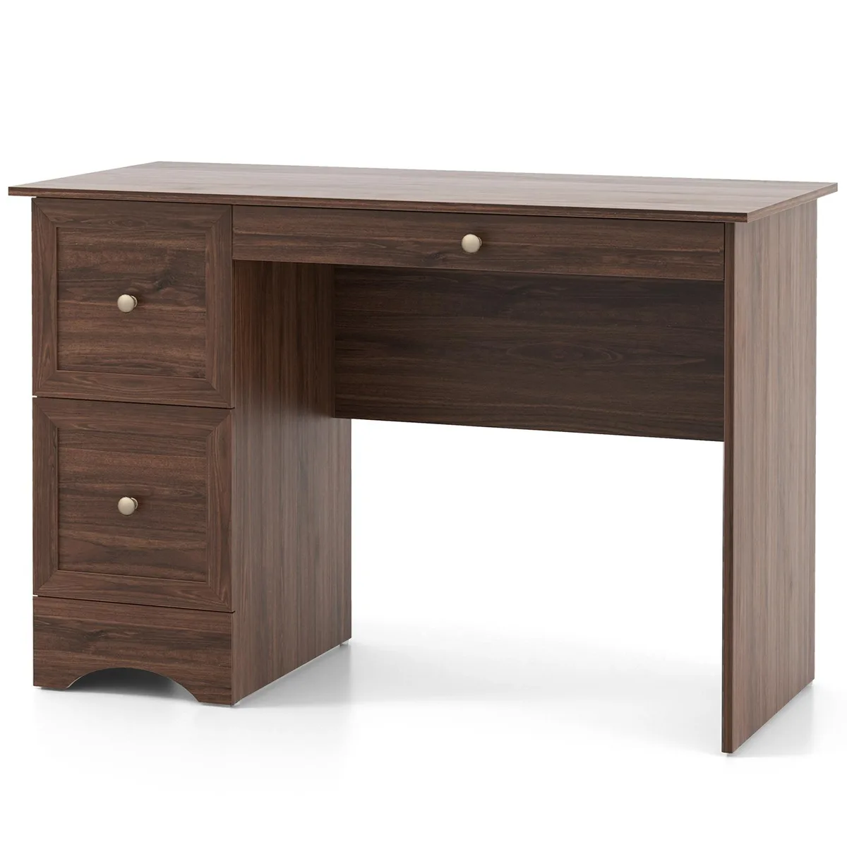Walnut-finished wooden computer desk with three drawers and arched metal base