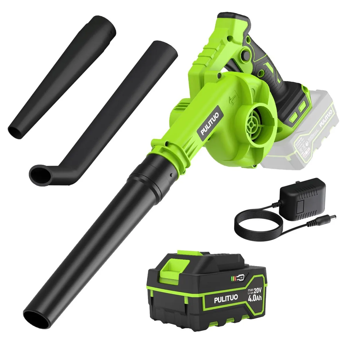 Orange cordless leaf blower with battery and charger, two nozzle attachments, compact handheld design