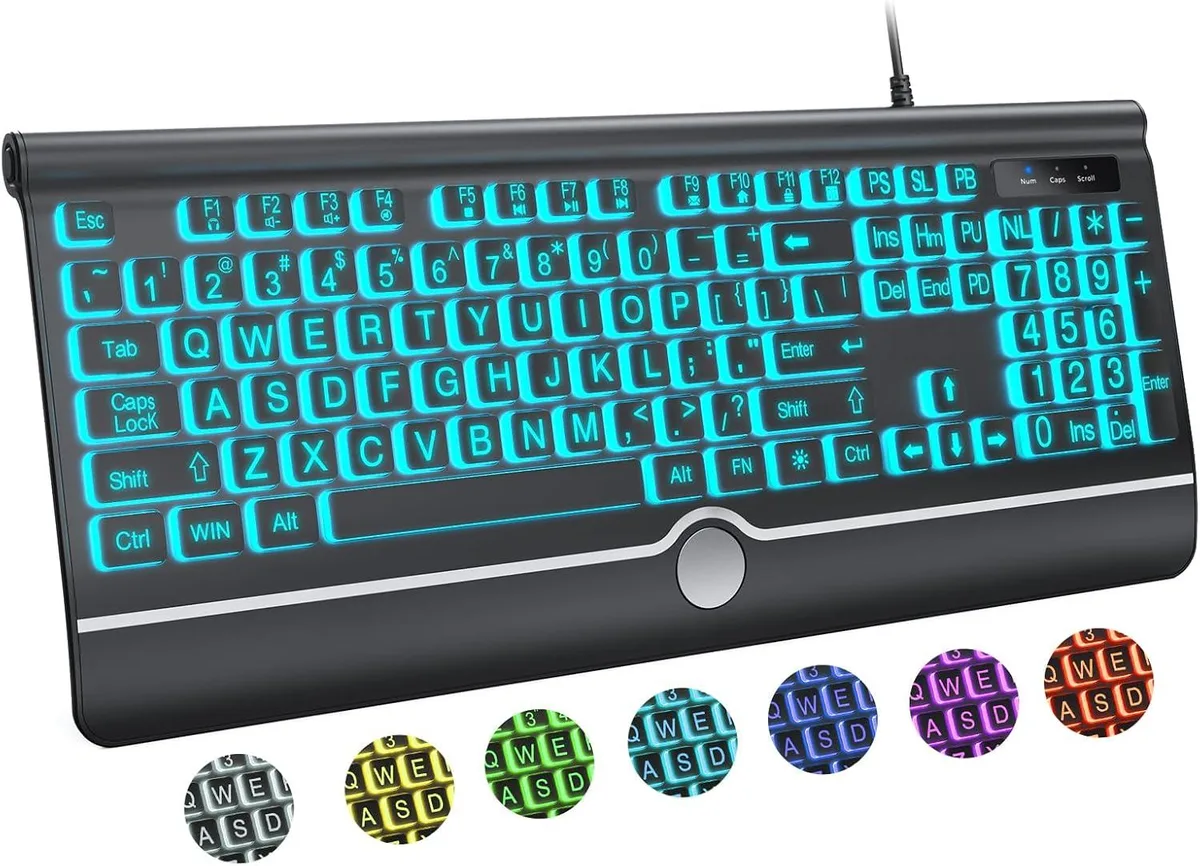 TUKO TUKO Large Print Backlit Gaming Keyboard USB Wired 104-Key Wrist Rest — product photo