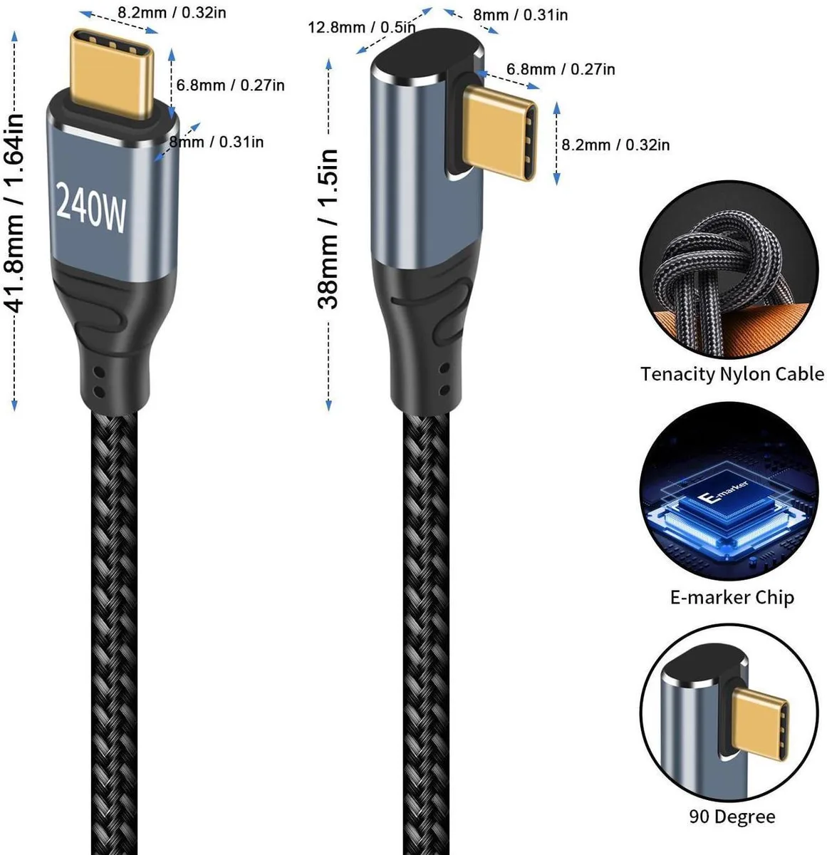 Short 1.5ft USB-C to USB-C cable with 90-degree L-shaped connectors