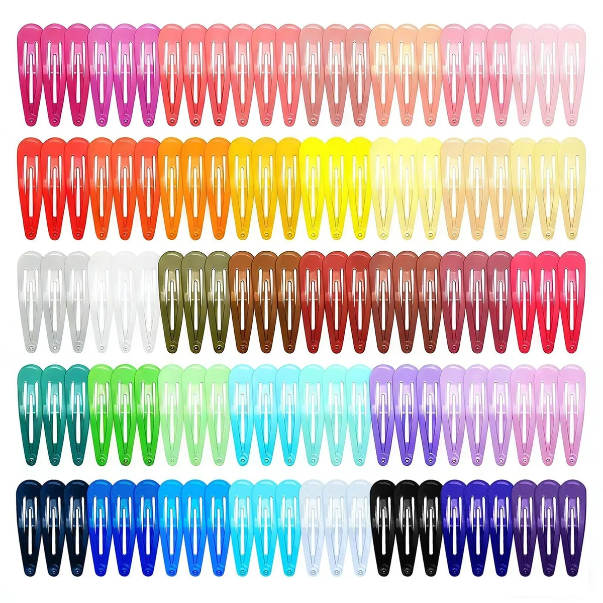A plastic box holding 120 metal snap hair clips in 40 candy colours, each 2 inch long