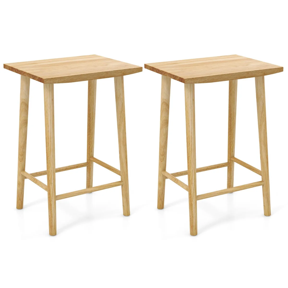 Two natural rubber wood barstools with footrests, 25.5 inches tall