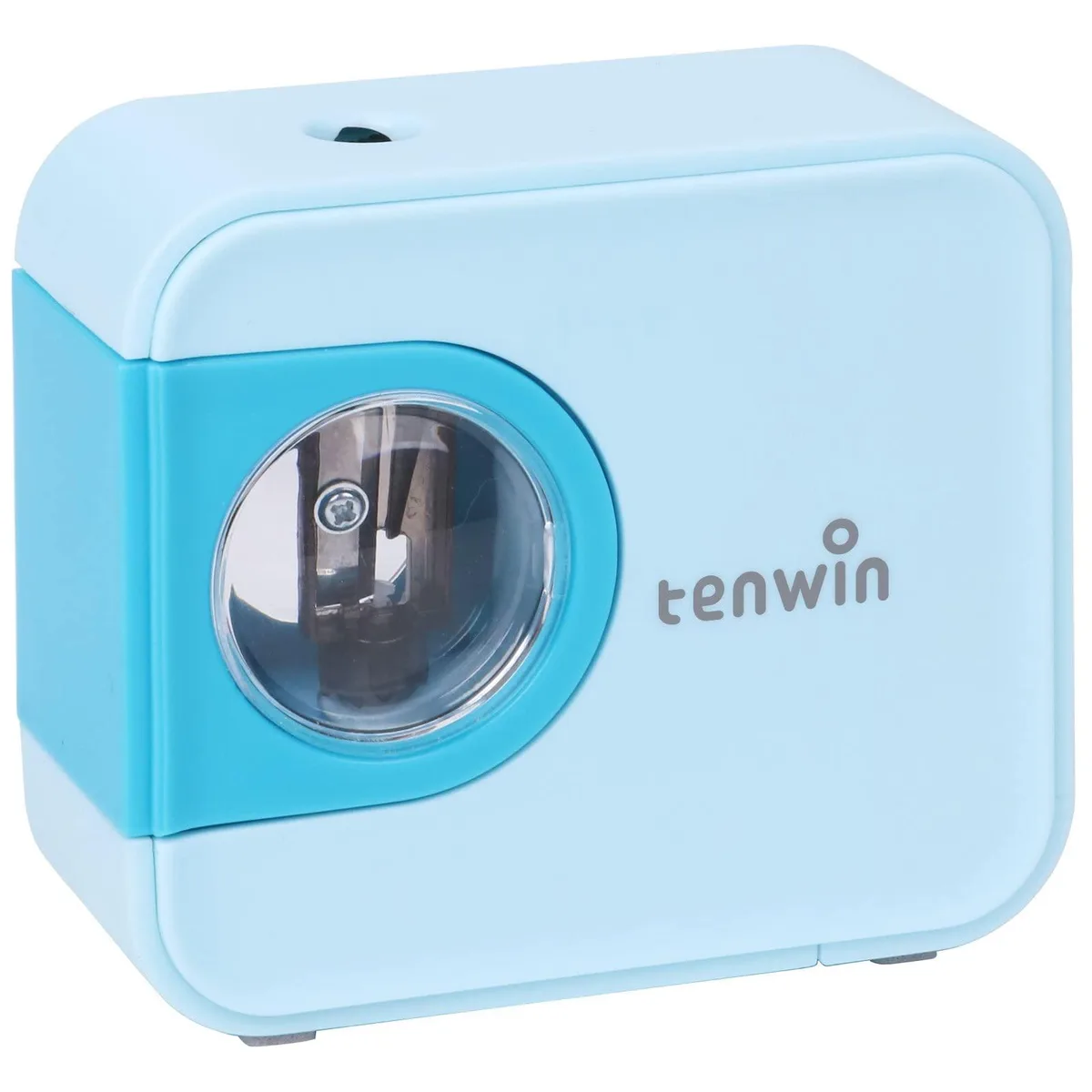 Small blue plastic electric pencil sharpener with transparent shavings container
