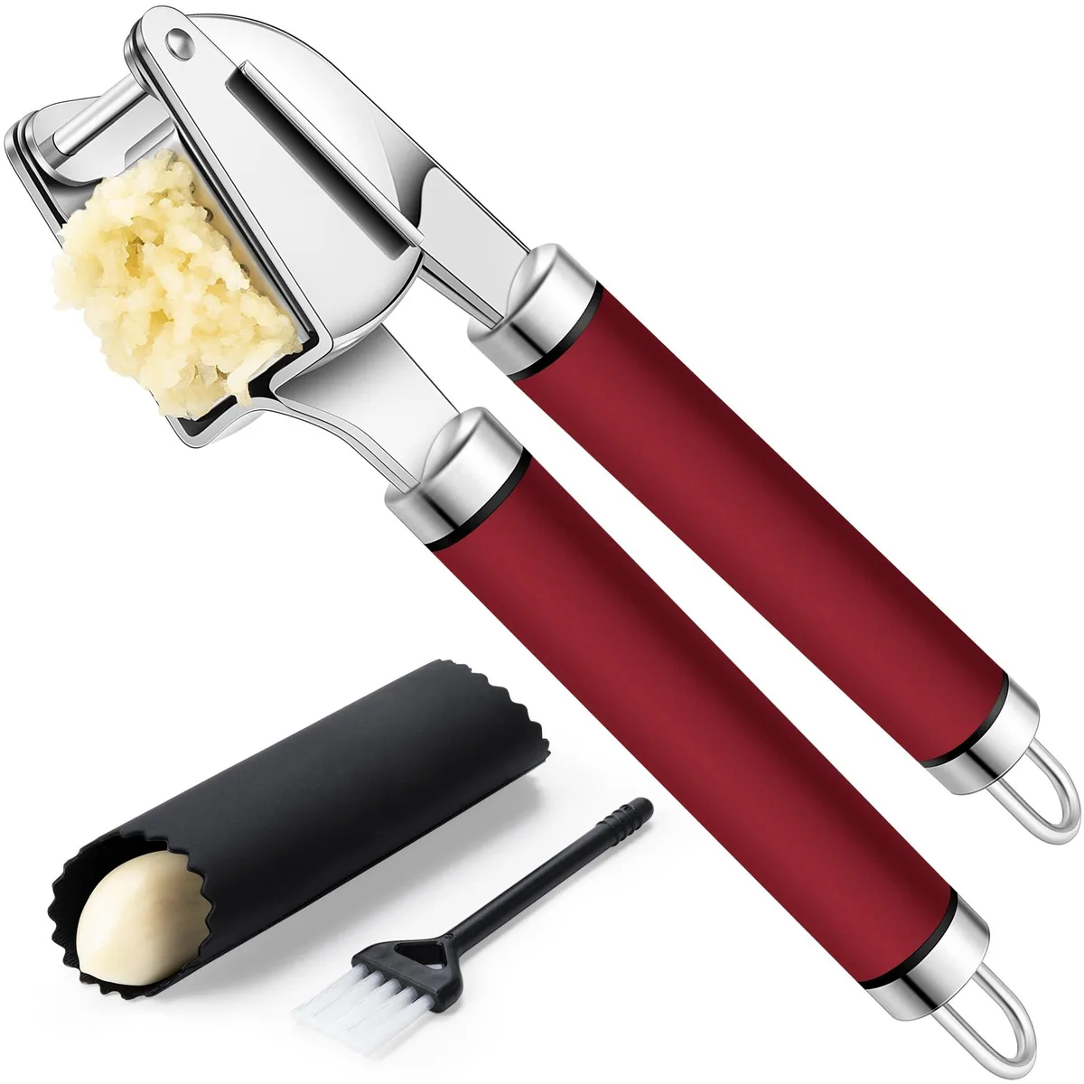 Red stainless steel garlic press with silicone peeler and cleaning brush