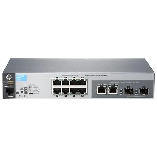 Compact silver 1U rack-mountable switch with eight front RJ-45 ports and two SFP slots