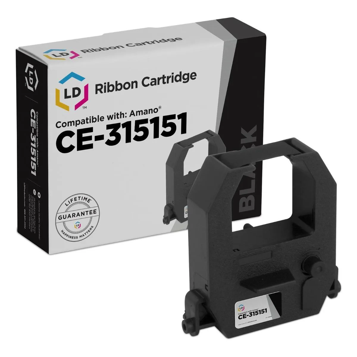 Black printer ribbon cartridge in plastic housing