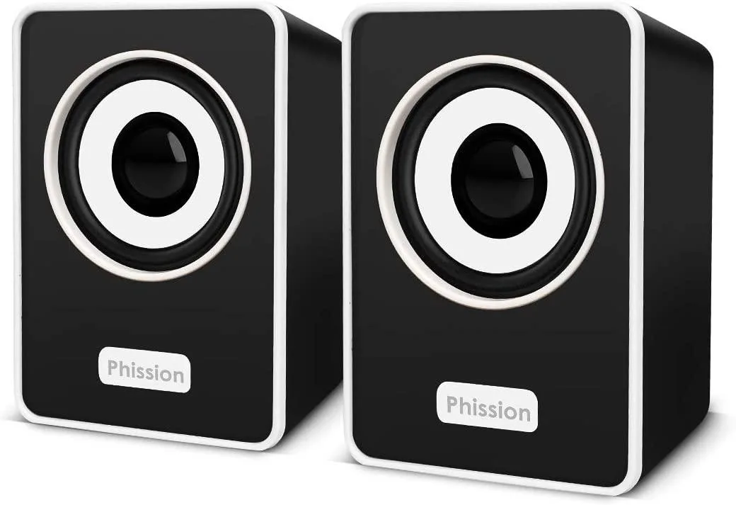 Compact black USB-powered stereo speaker with 3.5 mm jack and volume control