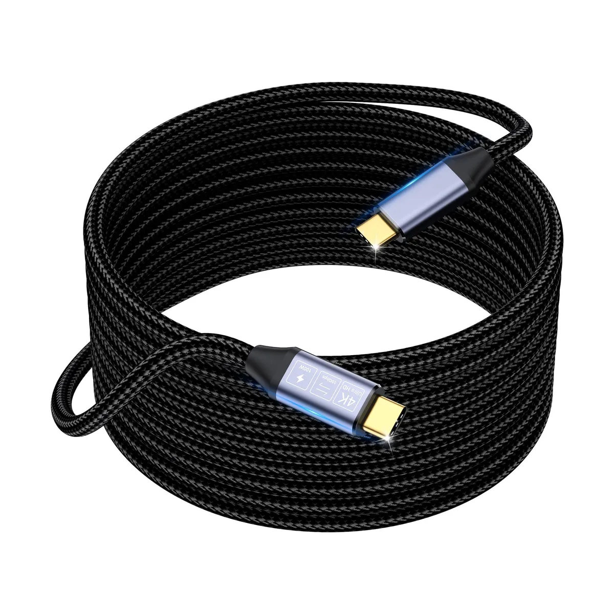 Black nylon-braided USB-C to USB-C cable, 16ft male-to-male connectors