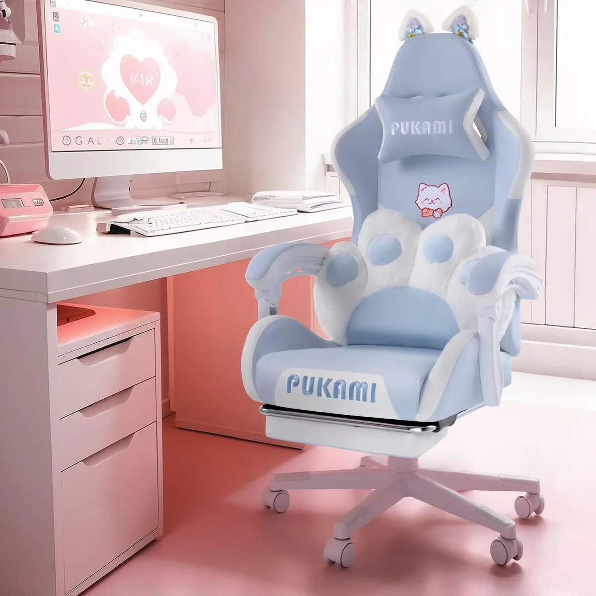 Vitesse Vitesse VWZ-CATTP-MGR Blue Gaming Chair with Cat Ears, Cat Paw Lumbar Cushion, Footrest, Linked Armrests — product photo