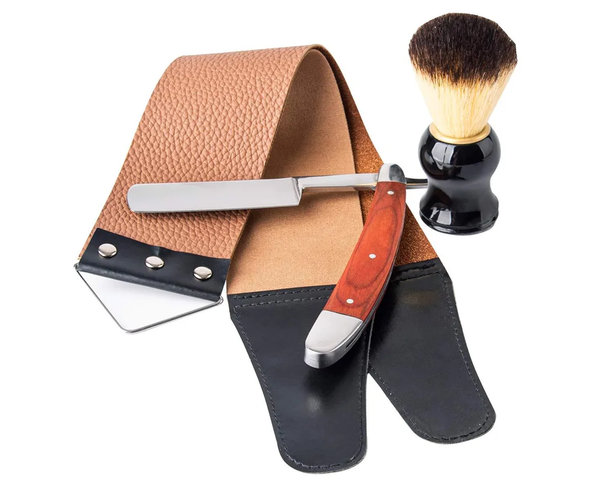 Folding straight razor with wood handle, leather strop and shaving brush