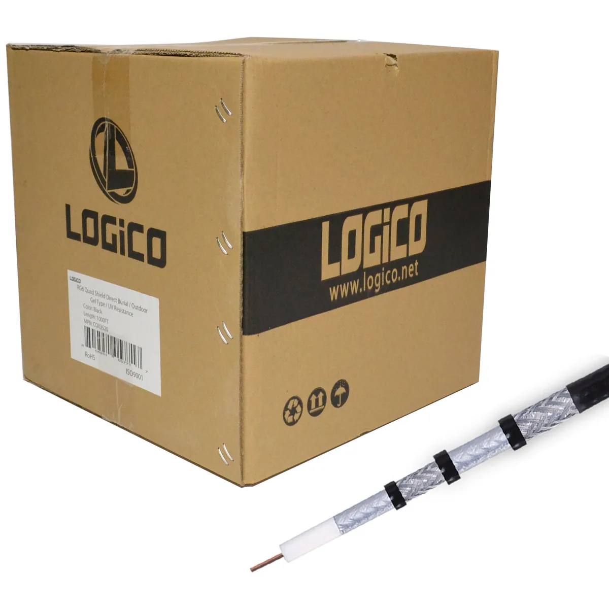 Logico Logico RG6 Quad Shield Direct Burial Coaxial RF Cable 1000ft 18 AWG 3.0GHz 75Ohm — product photo