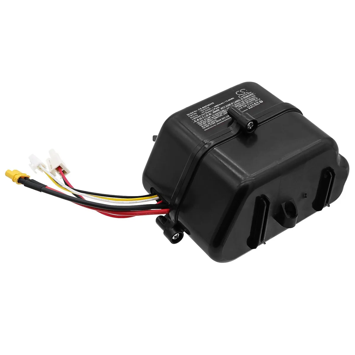 Rectangular black battery pack with label and connector