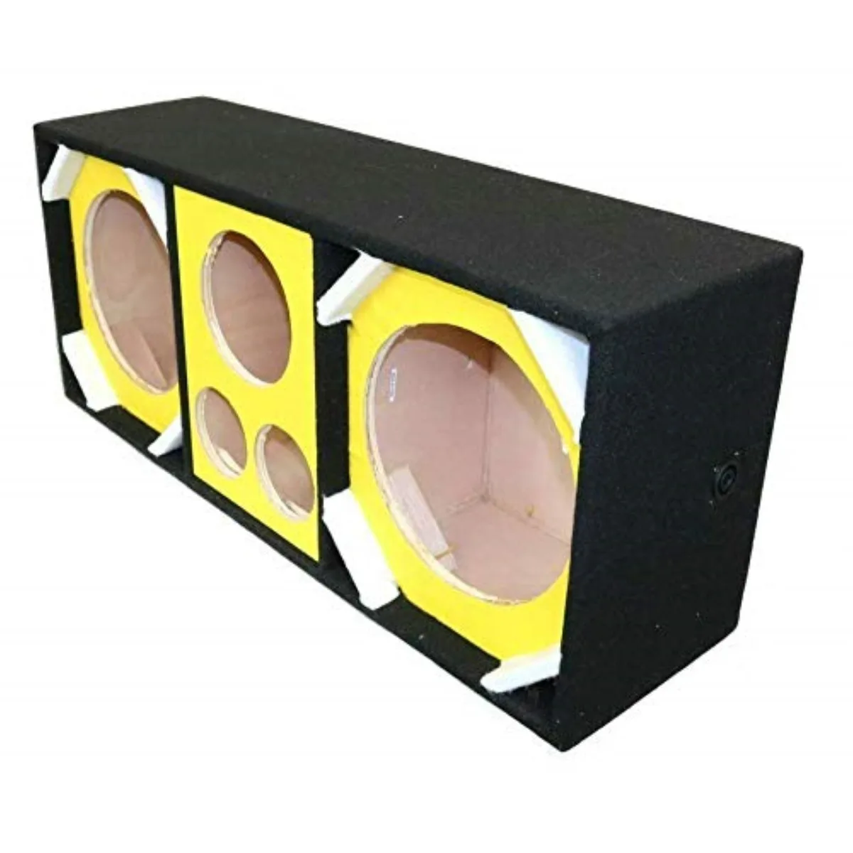 Yellow speaker enclosure with dual 10-in woofer cutouts, tweeter and horn openings, quad ports, carpet finish