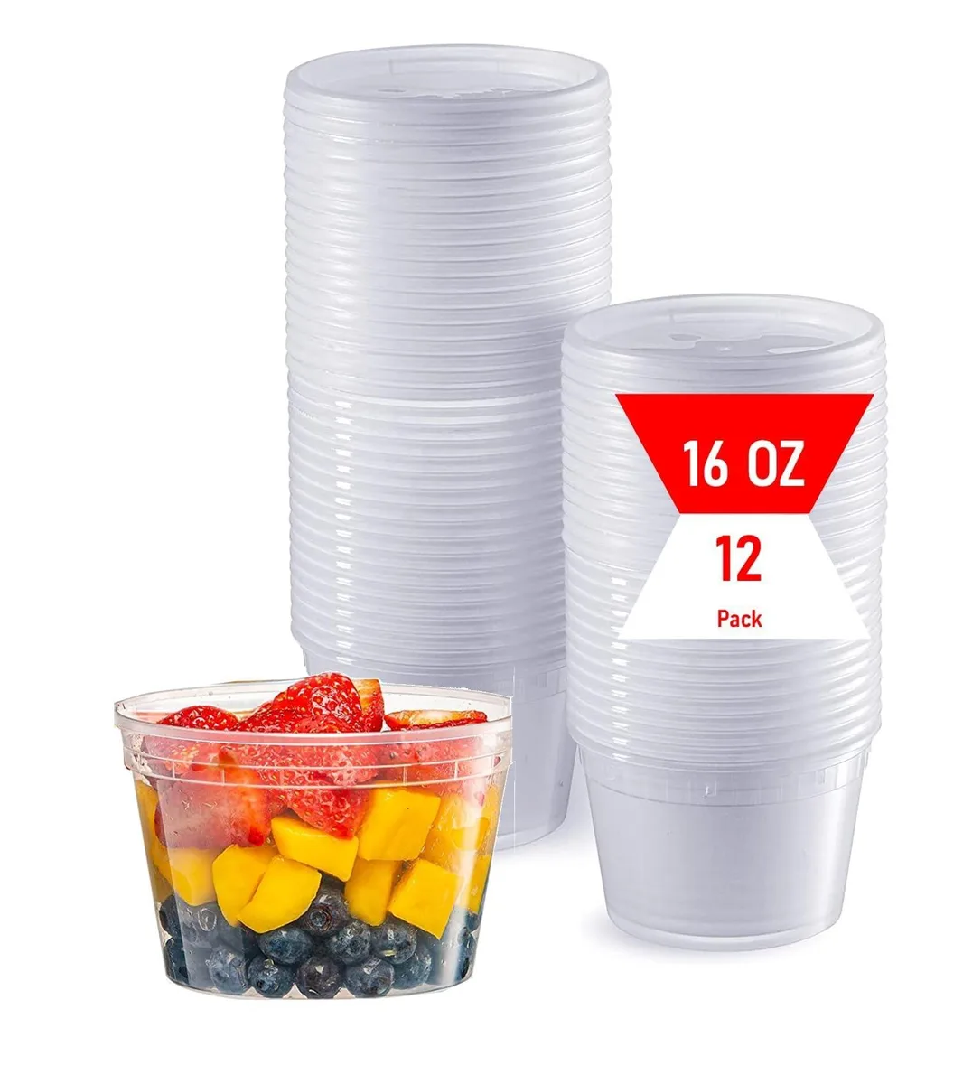 Twelve clear 16 oz deli containers with red lids