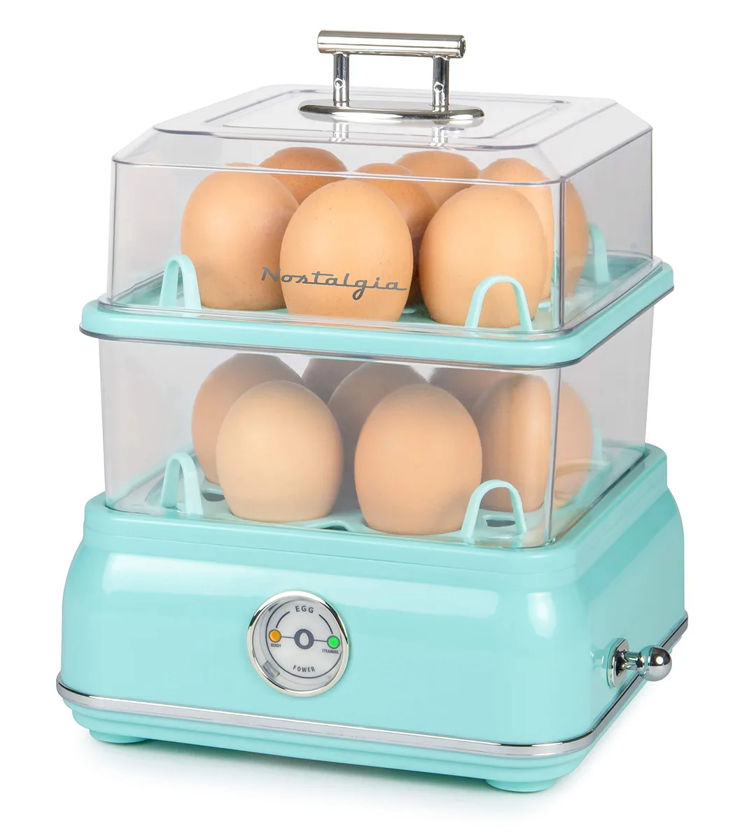Aqua retro egg cooker with chrome lever and LED power gauge, 14-egg capacity
