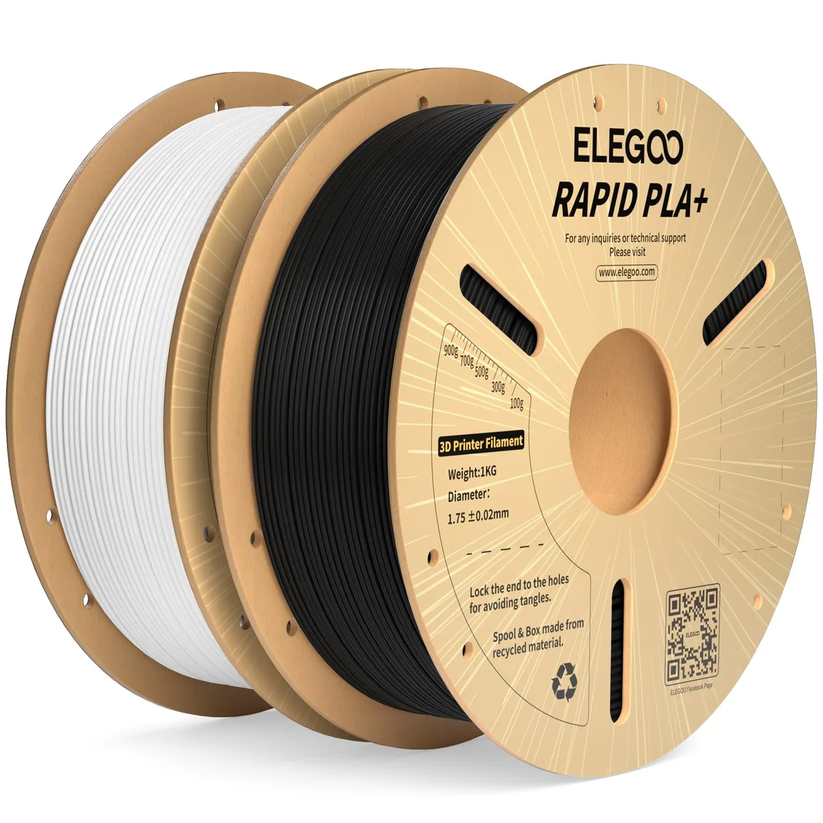 Two 1kg spools of 1.75mm PLA+ filament, black and white, neatly wound