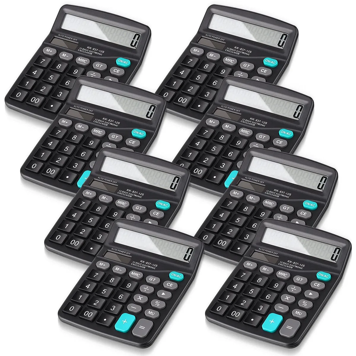 Eight black 12-digit solar calculators with angled LCD displays and raised keys
