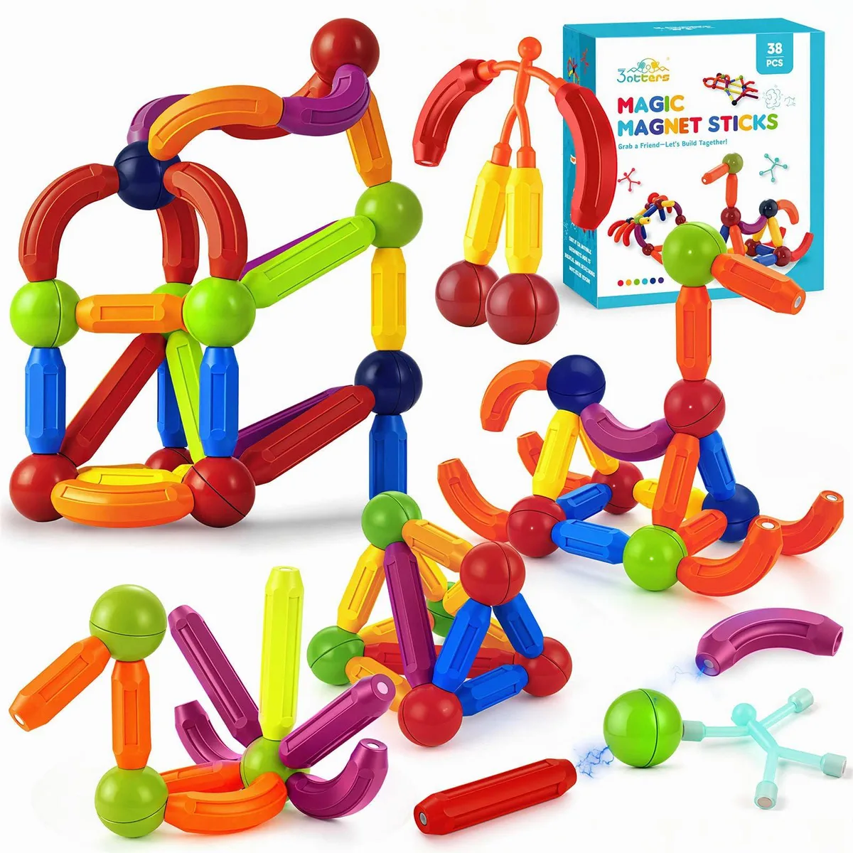 36 colorful magnetic building sticks with two magnetic figures on a light surface