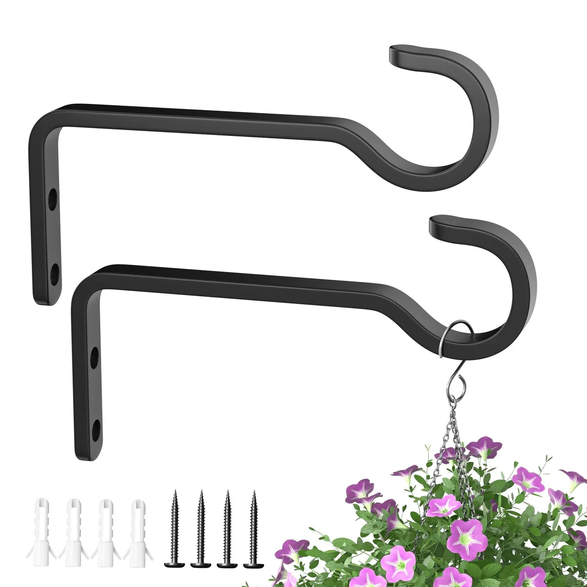 Two black iron wall hooks, 5.7 inch curved brackets with screw holes