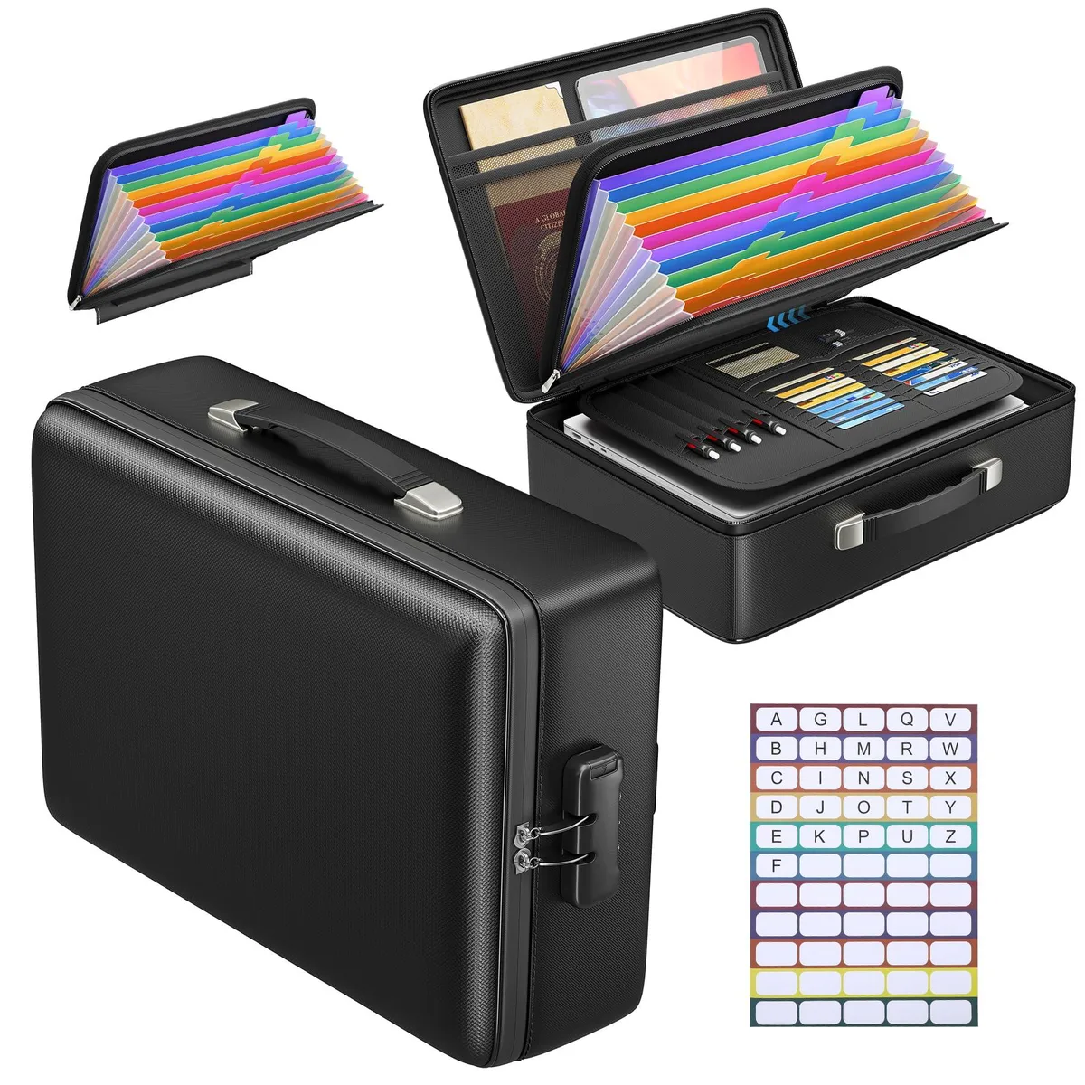 Black hard-shell fireproof document box with lock and handle