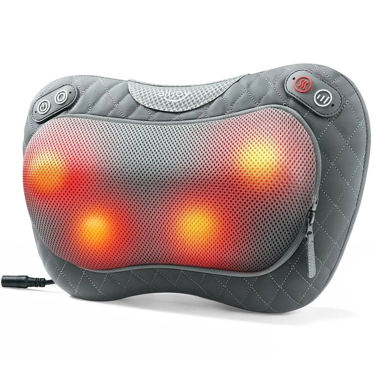 Rectangular massage pillow in faux leather with four deep-kneading nodes and detachable cover