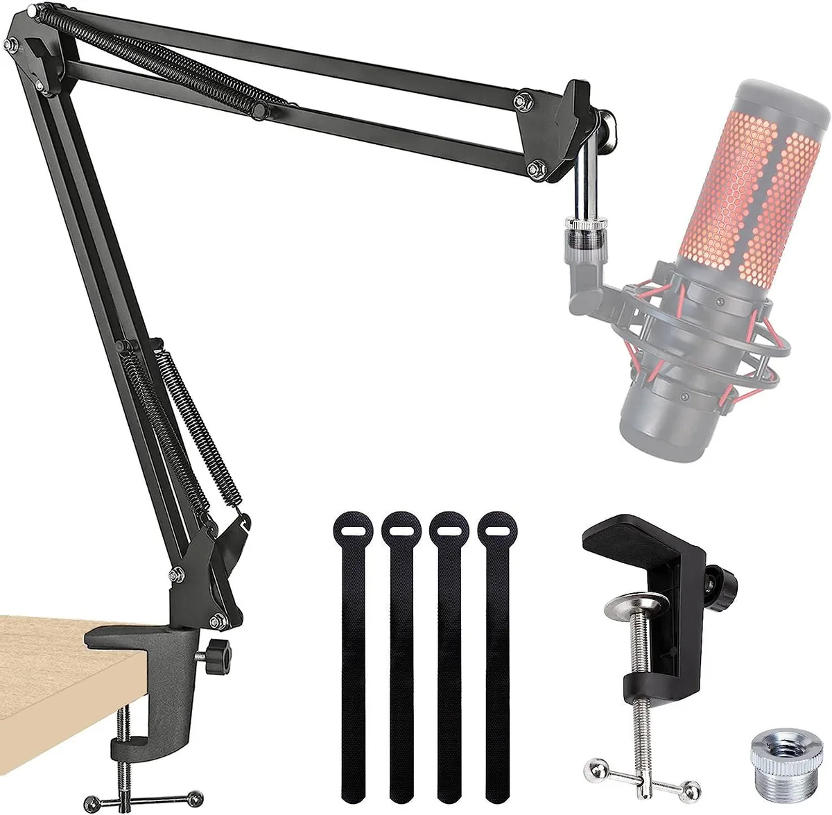Black adjustable scissor-arm microphone boom with desk clamp up to 4.8 cm thick