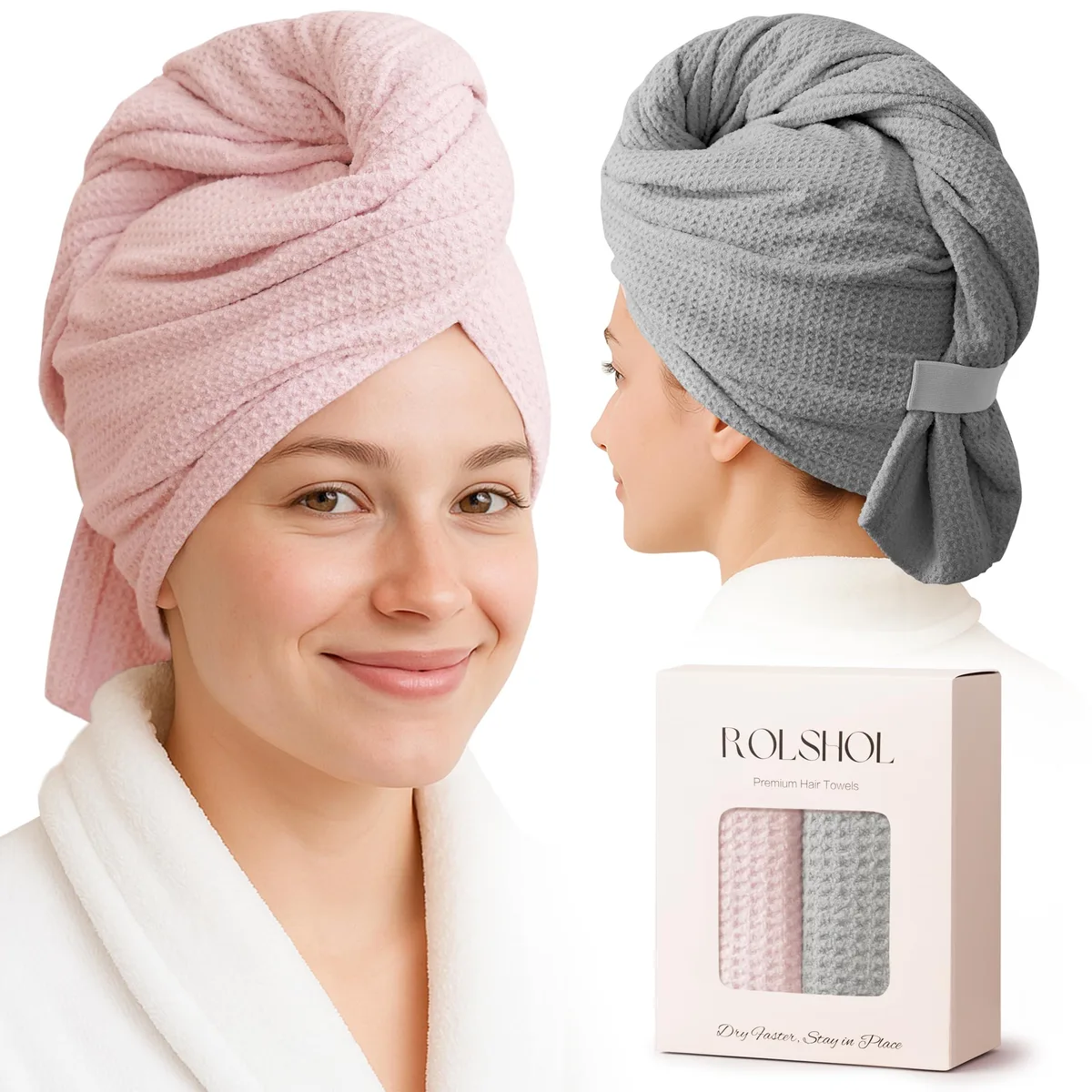 Two folded waffle-weave microfiber hair towel wraps in different colours