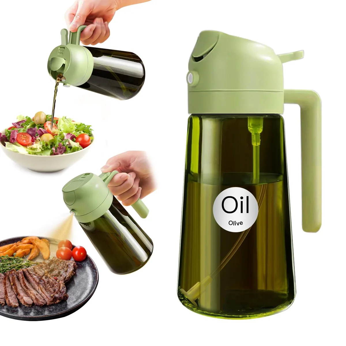 Dark green glass oil sprayer bottle with integrated spout and stickers, 470ml capacity