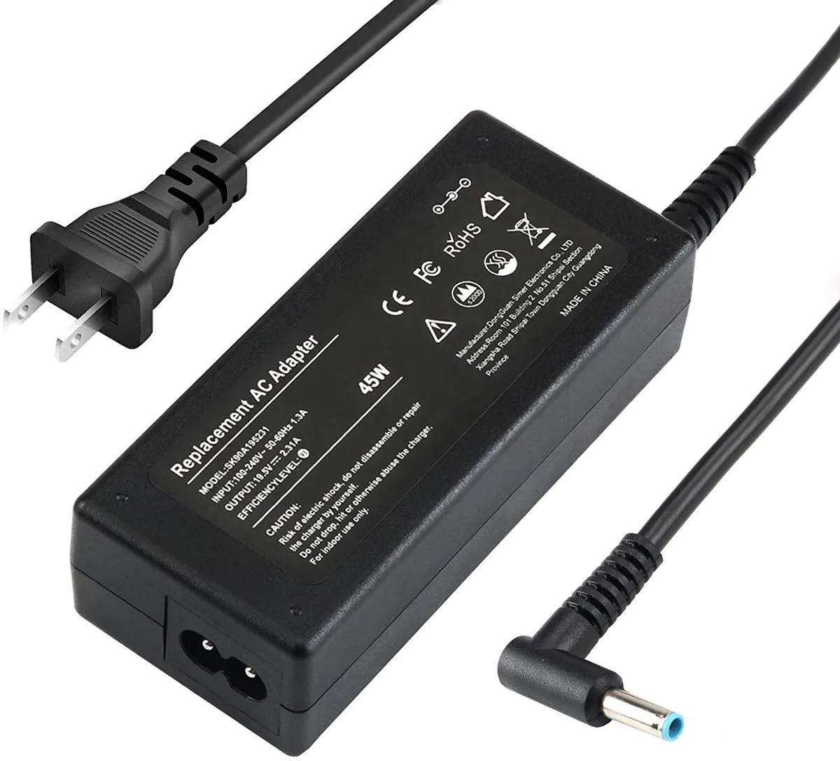 Compact black rectangular power brick with blue-tipped barrel connector and detachable mains lead