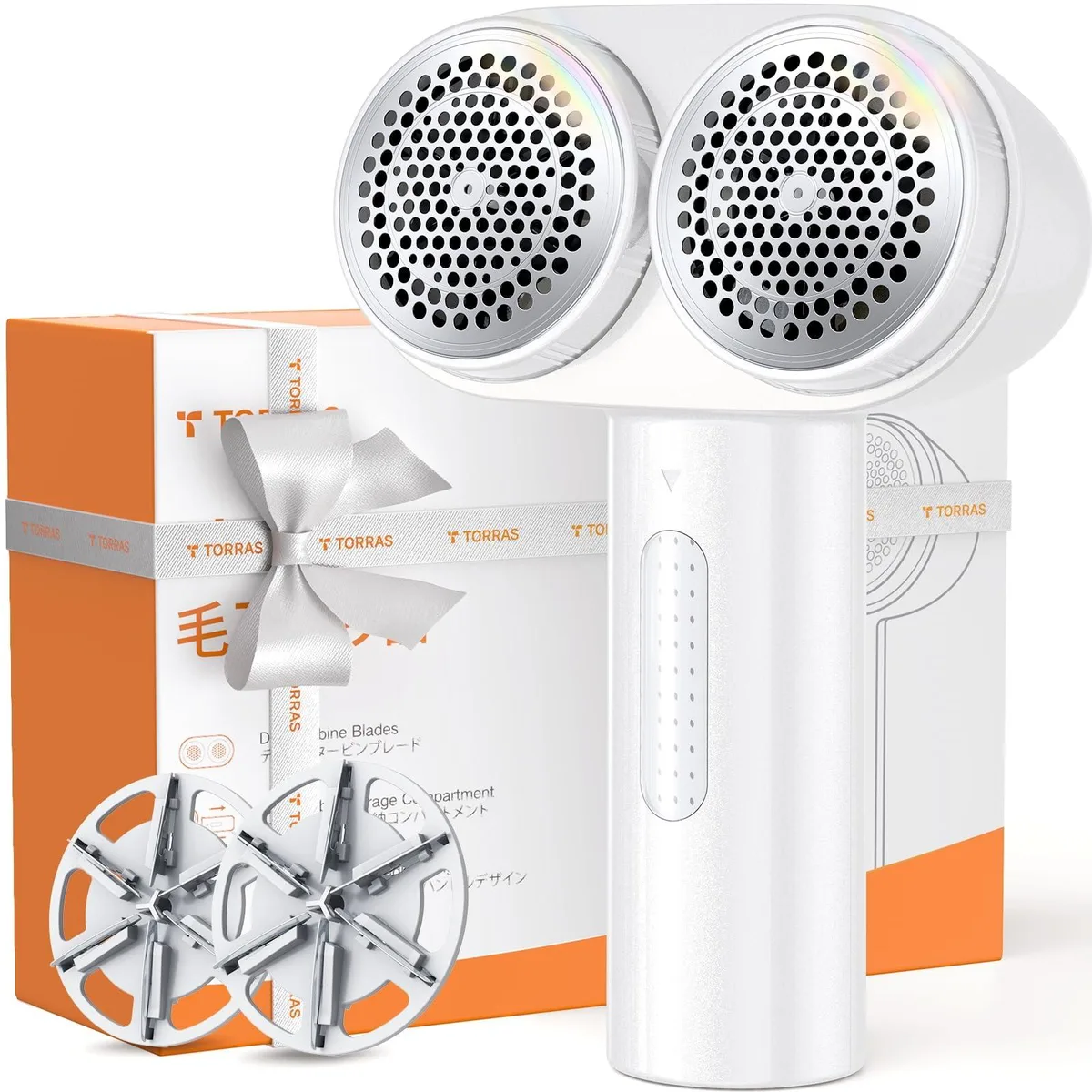 White dual-head fabric shaver with mesh guard and clear lint bin