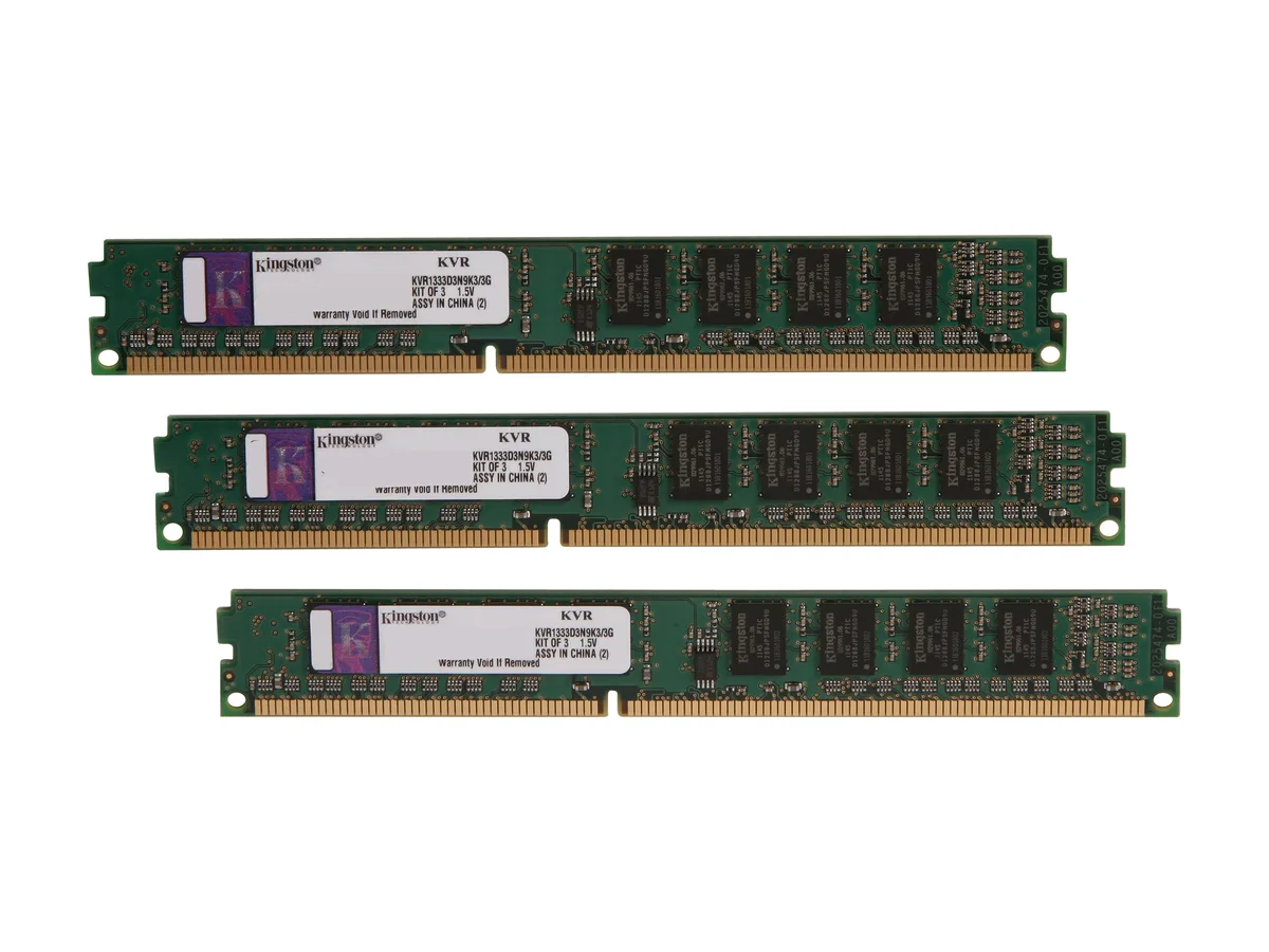 Kingston Technology Corp. Kingston Technology Corp. KVR1333D3N9K3/3G 3GB (3 x 1GB) DDR3 1333 desktop RAM — product photo