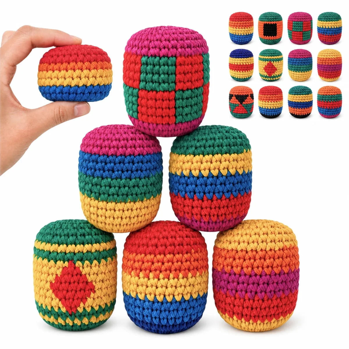 Six cotton hacky sacks, 32-panel, sand-filled, soft plush texture