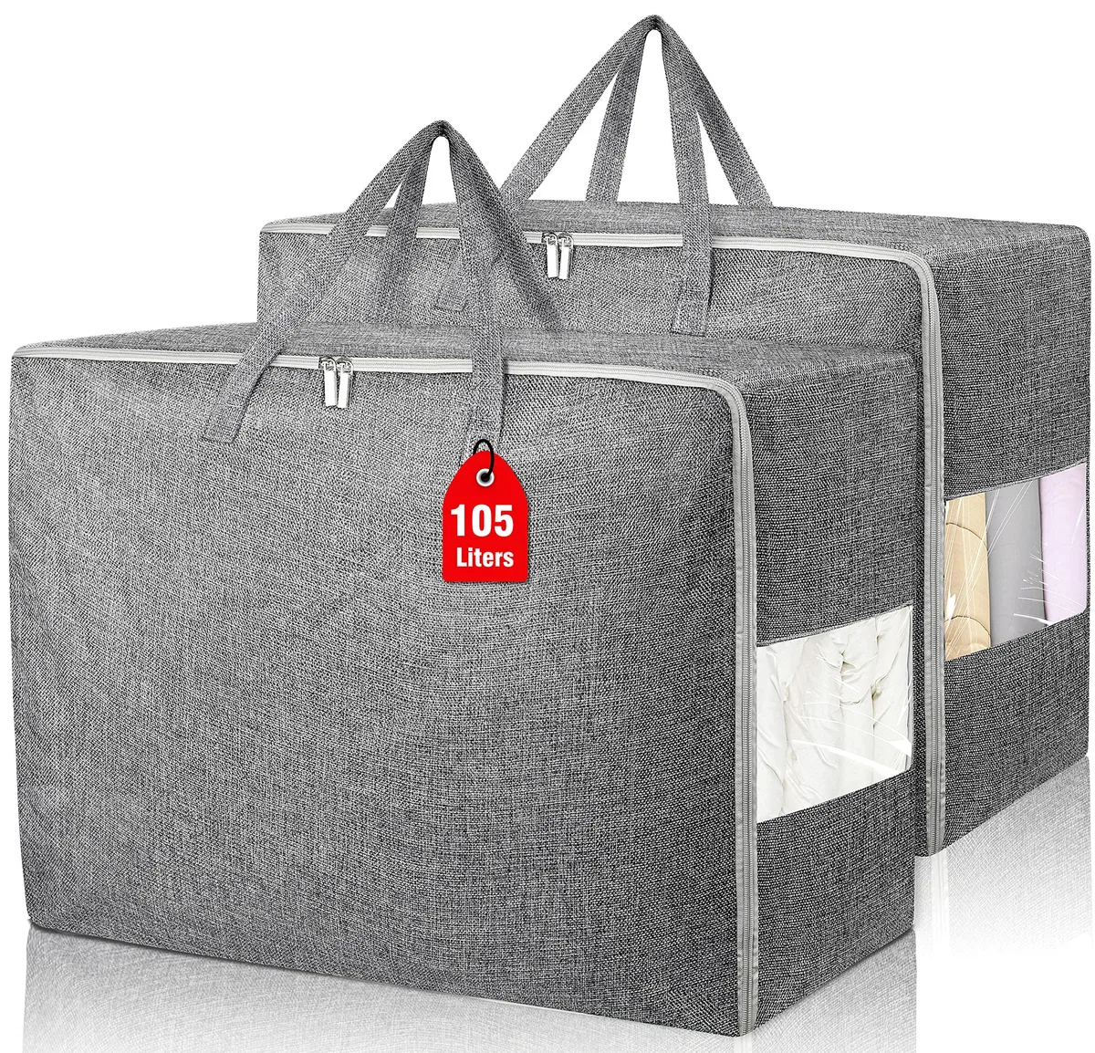 Two grey rectangular fabric storage bags with clear side windows and reinforced handles