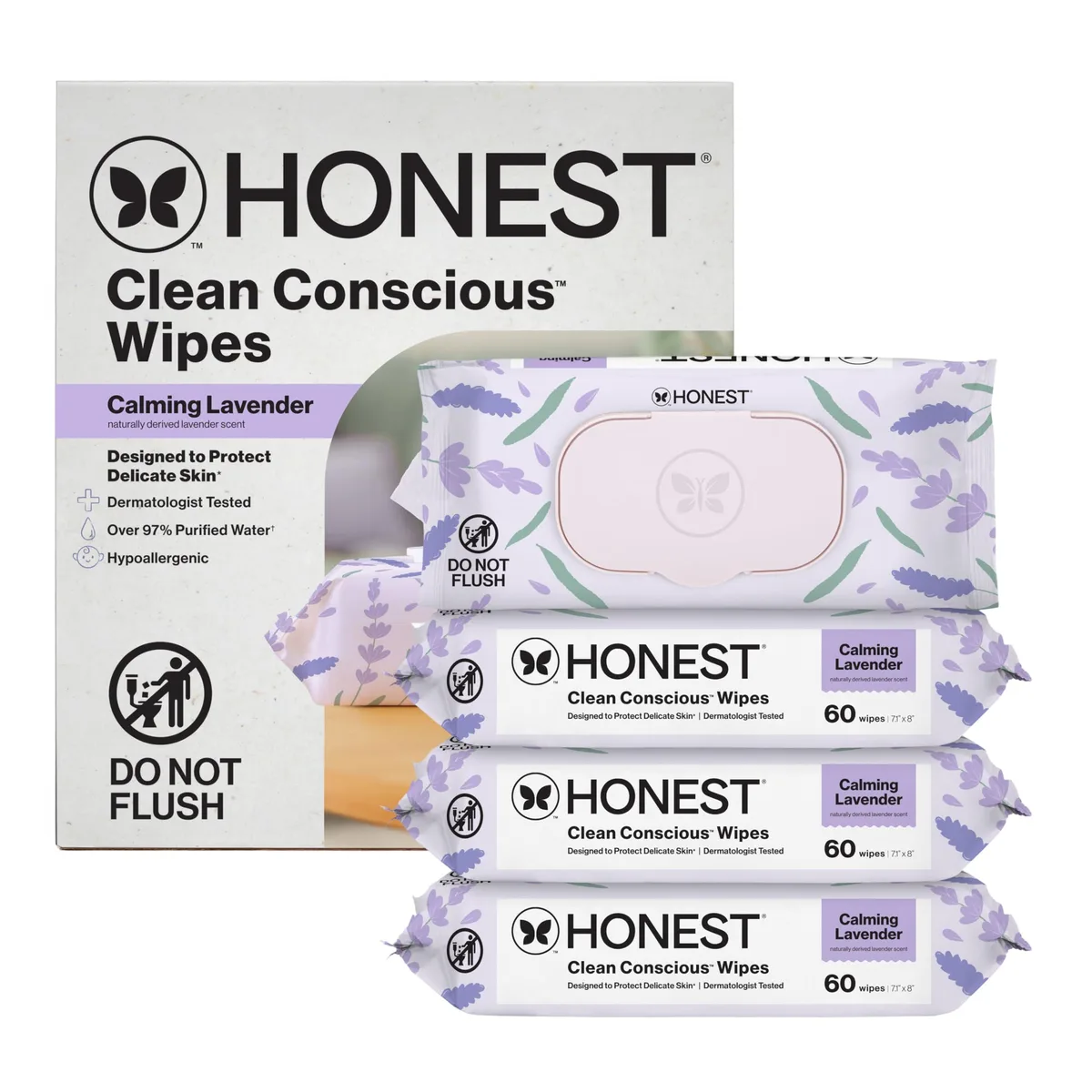 Rectangular pack of four wipe pouches in soft purple and white plant-based material
