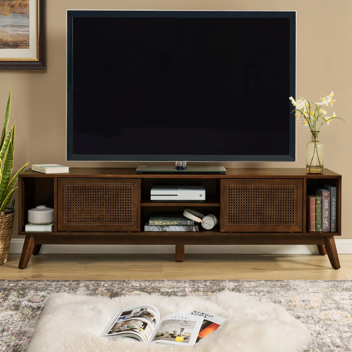 tuphen tuphen 67.9 Inch Rattan TV Stand Walnut Brown 75 Inch TV Support — product photo
