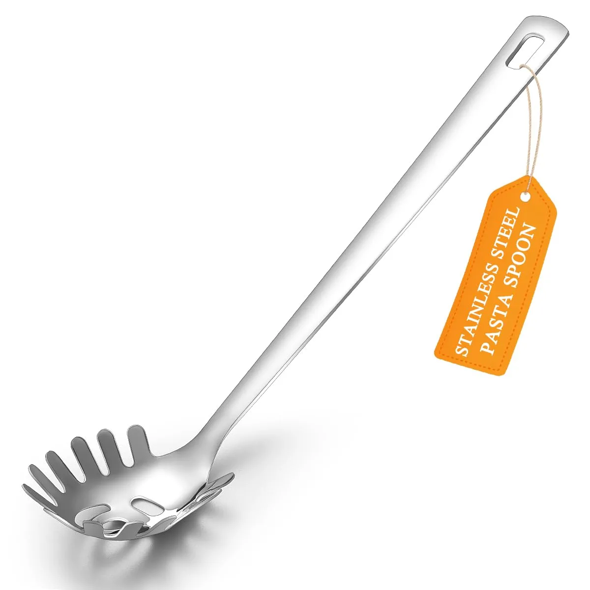 Silver stainless steel pasta server with toothed head and ergonomic handle