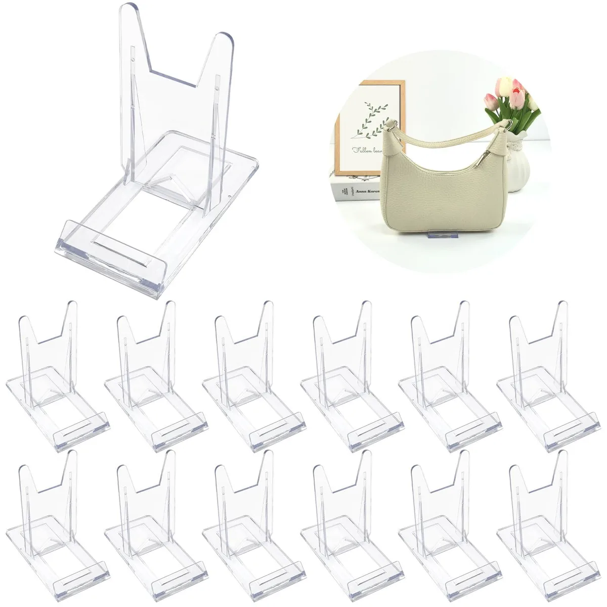 Twelve blue acrylic purse display stands, adjustable two-piece design