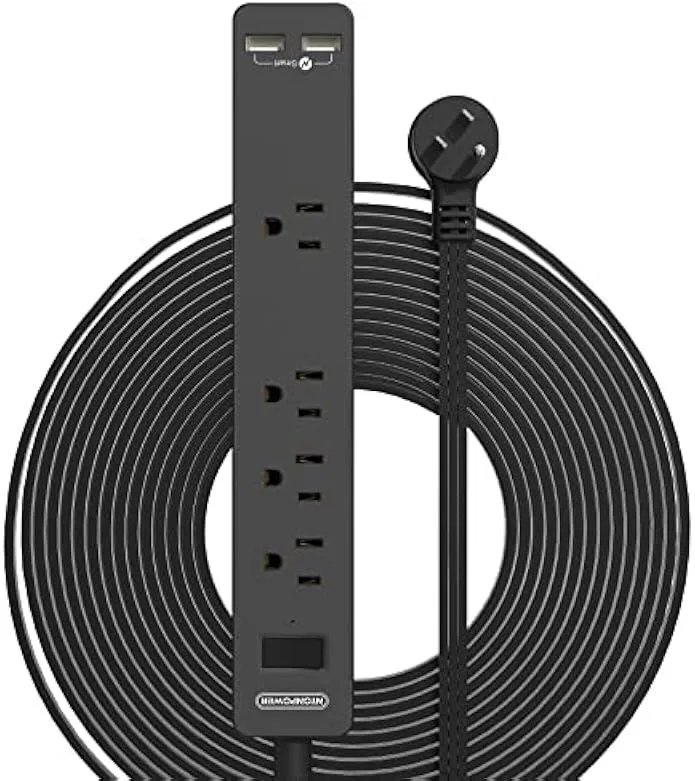 usbroway usbroway 25 ft Flat Plug Extension Cord 4 Outlets 2 USB 2.4A Black — product photo