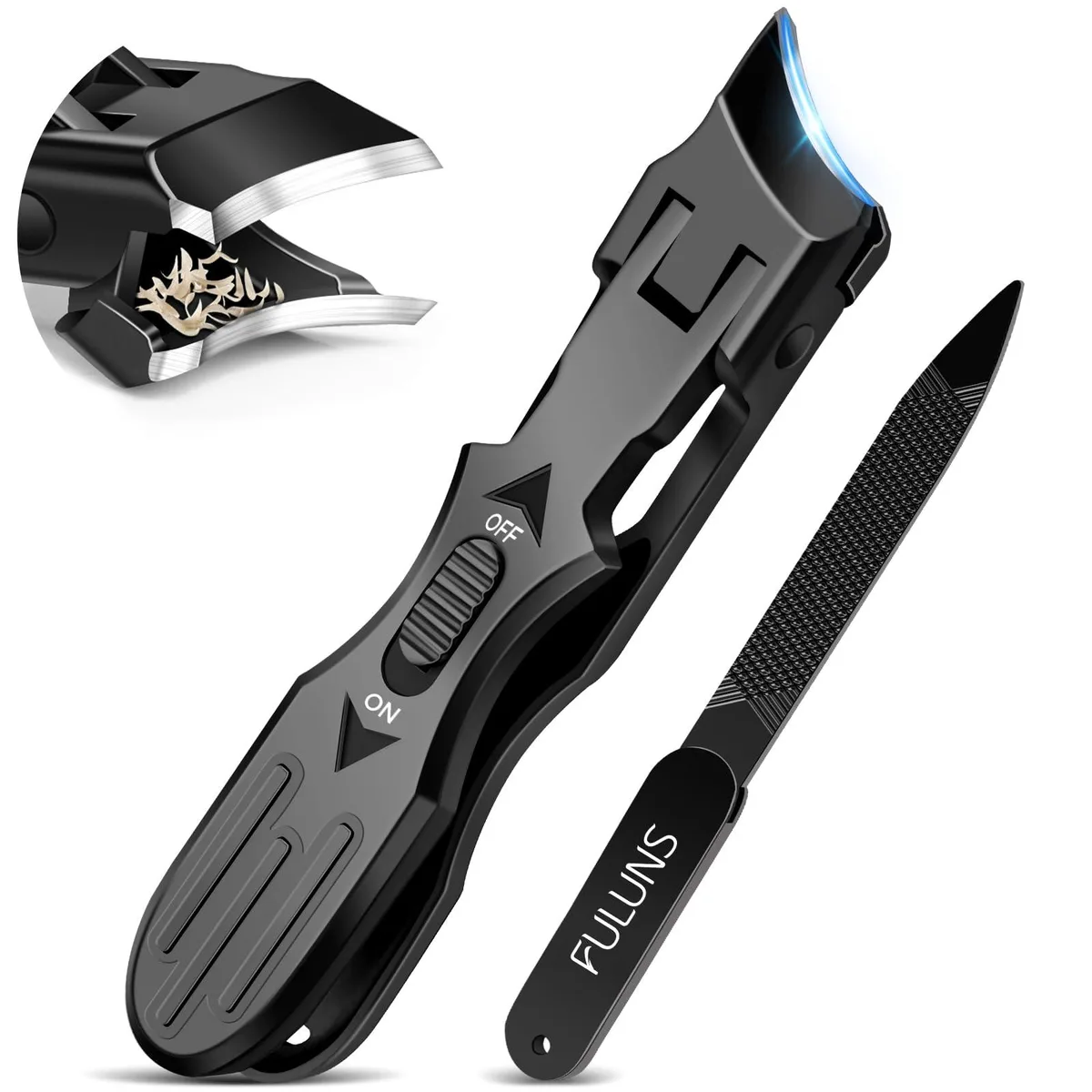 Two black stainless steel slanted nail clippers with curved jaws and safety locks