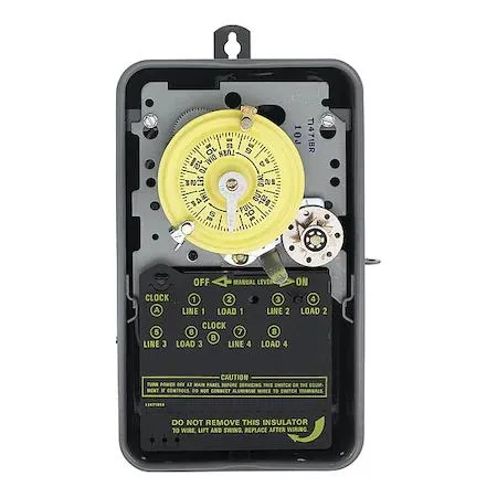 Gray metal enclosure with timer dial and terminals