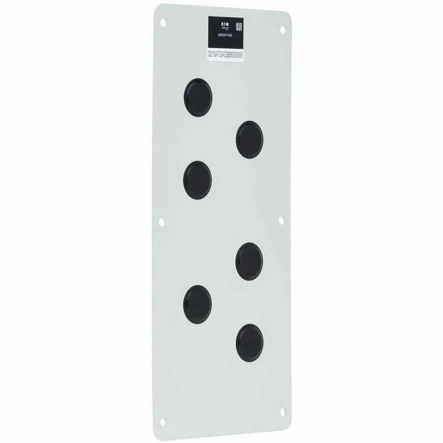 Rectangular metal cable gland plate with six round ports, light grey finish